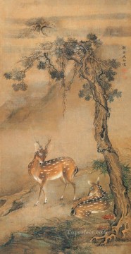中国 Painting - 中国の伝統的な木の下にある神泉鹿